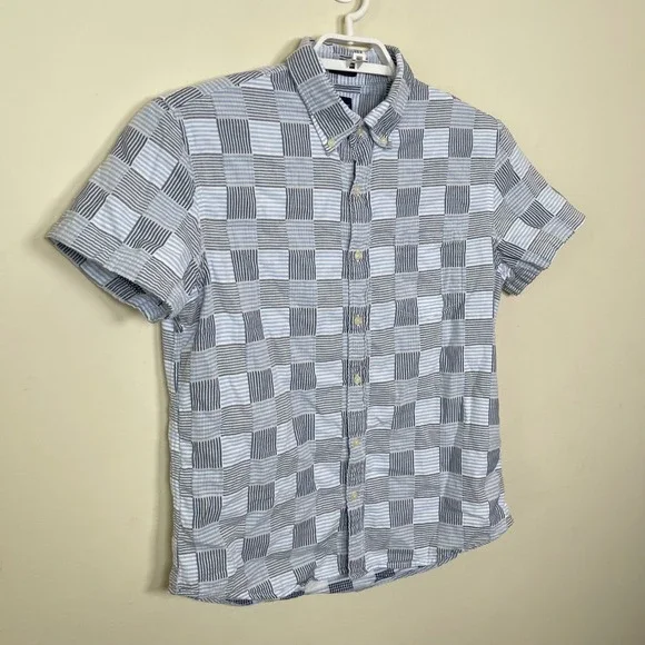 J.Crew Slim Fit Short Sleeve Button Down Shirt Blue Checkered Mens L Cotton - Picture 3 of 9